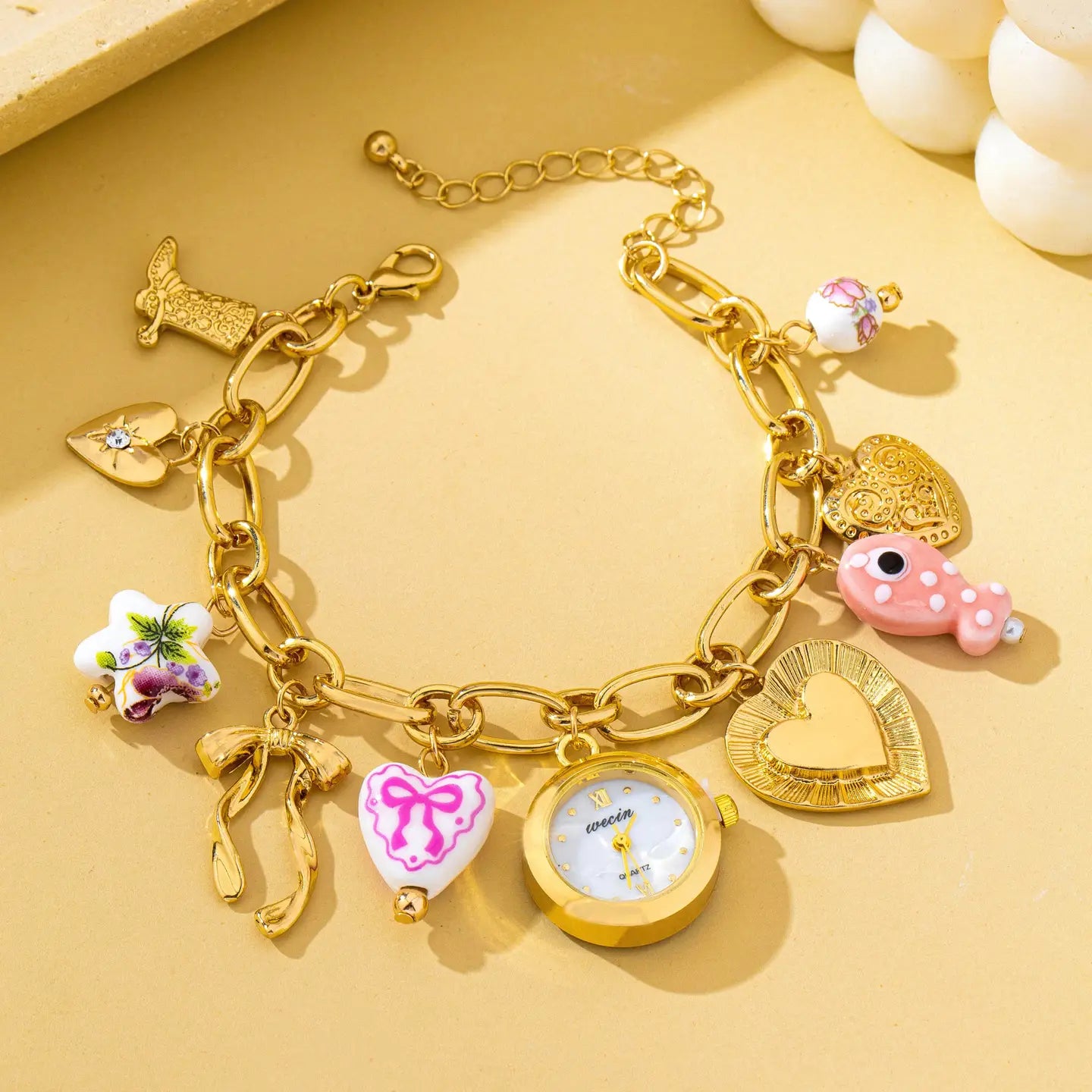Vintage Pink Polka Dot Charm Watch Bracelet