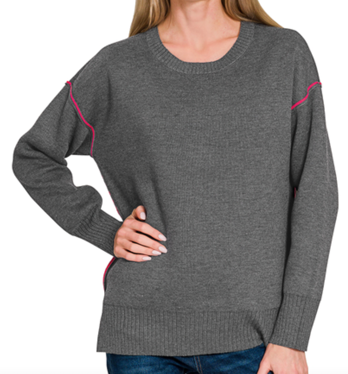 Round Neck Contrast Trim Sweater