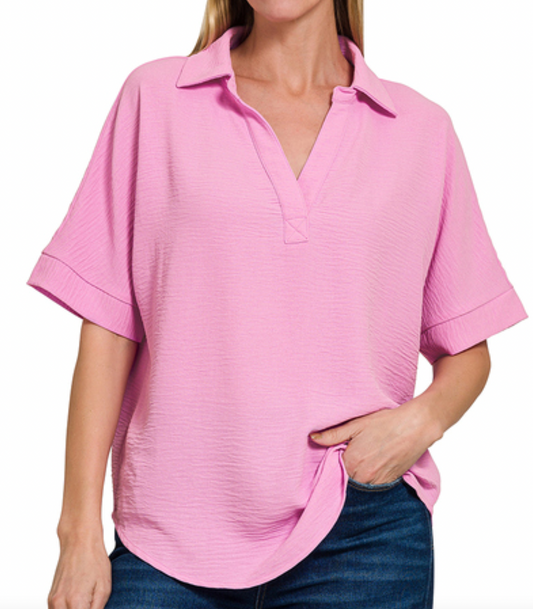 Woven Collared V-Neck Top