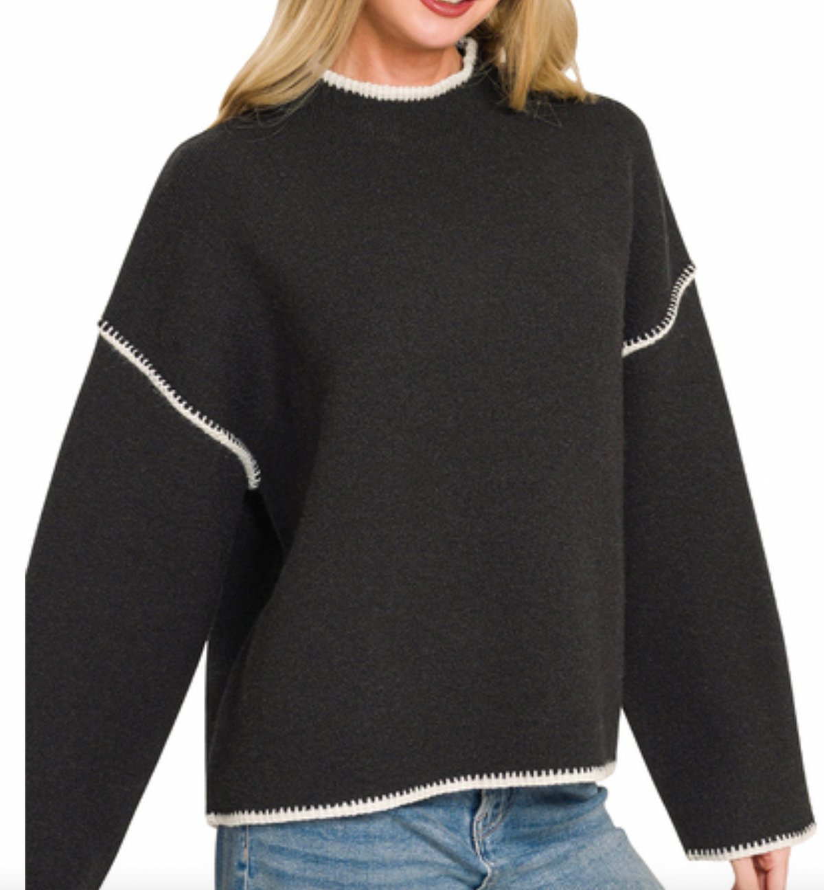 Stitch Detail Mock Neck Sweater