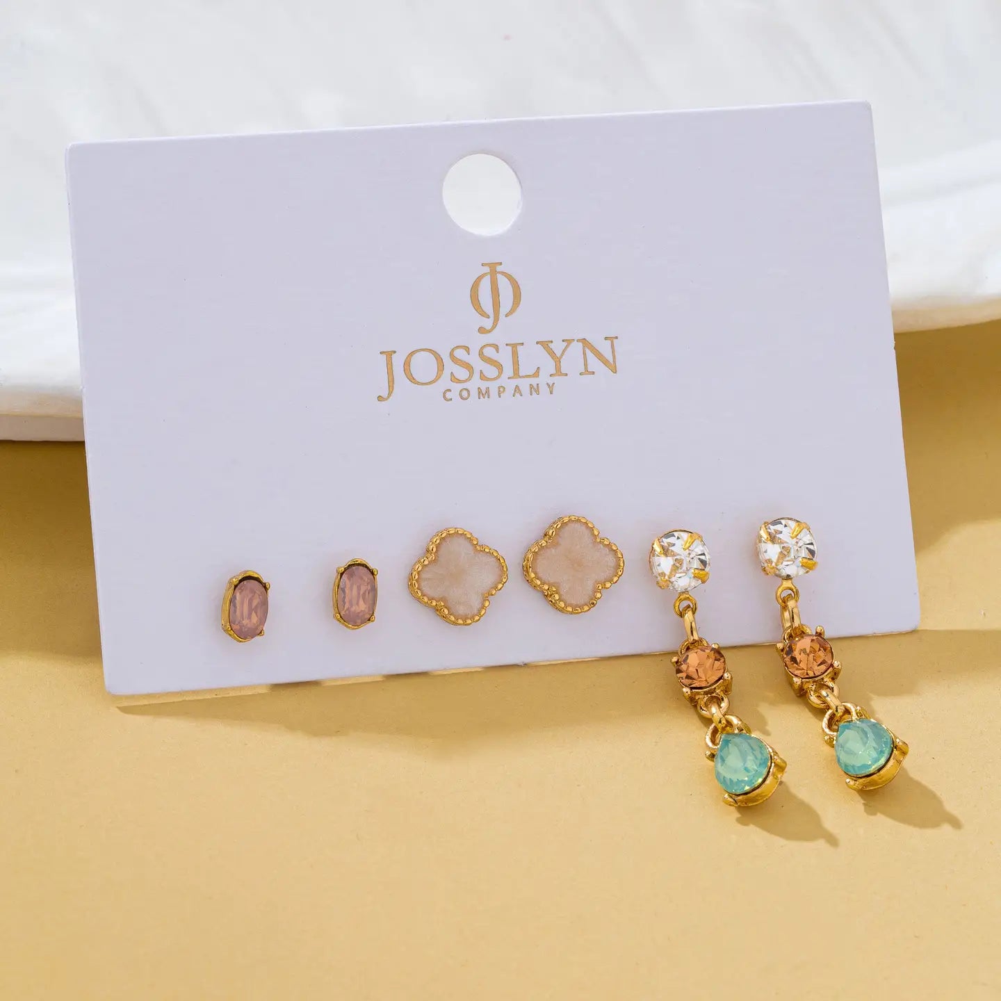 Mixed Clover Rhinestone Stud Drop Trio Earring Set
