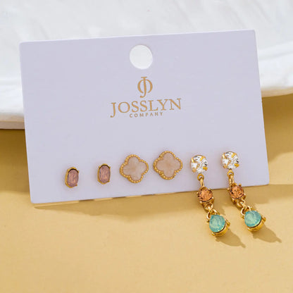 Mixed Clover Rhinestone Stud Drop Trio Earring Set