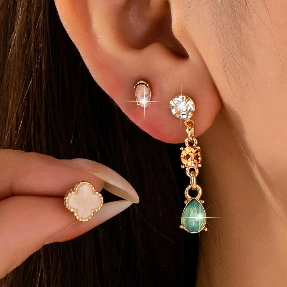 Mixed Clover Rhinestone Stud Drop Trio Earring Set