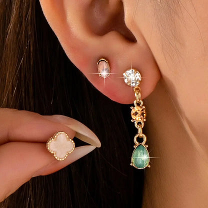 Mixed Clover Rhinestone Stud Drop Trio Earring Set