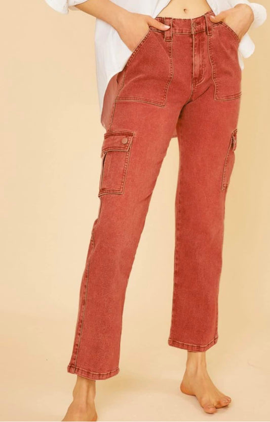 Mid Rise Red Cargo Jeans