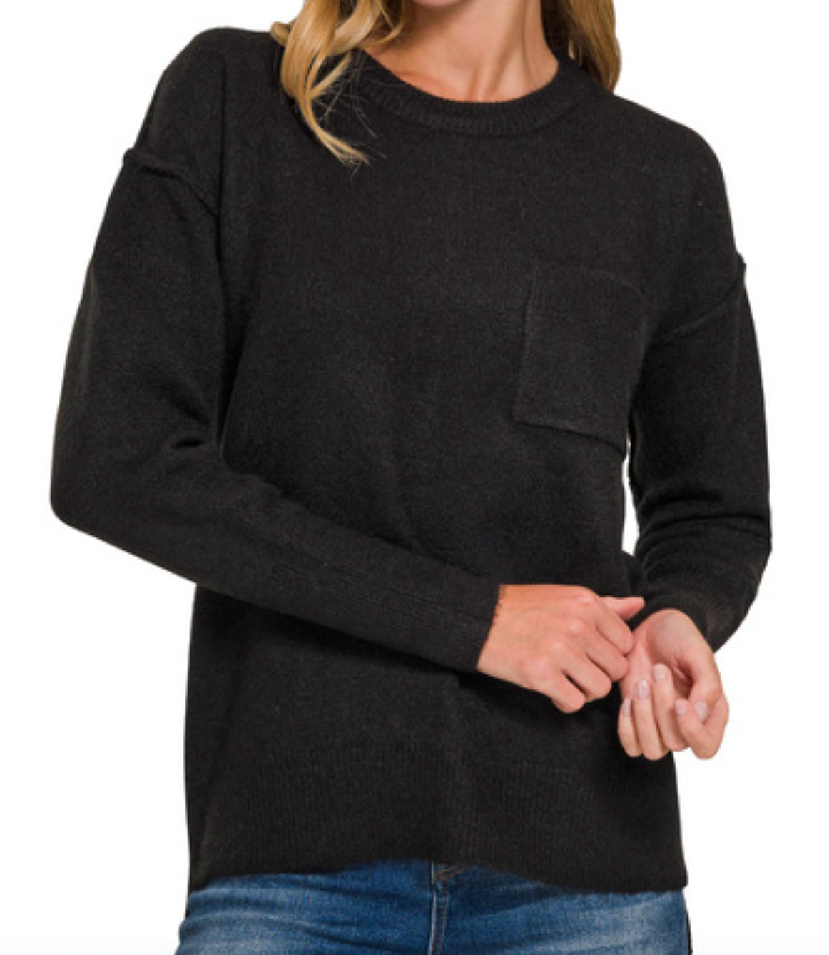 Hi-Lo Pocket Round Neck Sweater