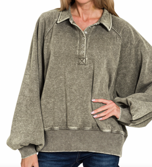 Acid Wash Button Collared Pullover