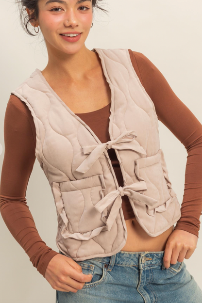 Quilted Vest w/Tie Front & Pockets