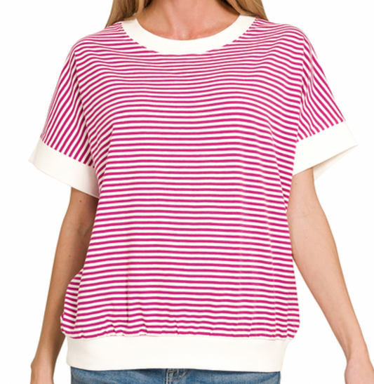 Stripe Contrast Trim Banded Top Magenta