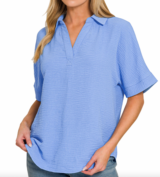 Woven Collared V-Neck Top