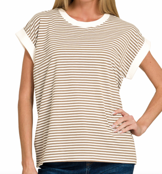 Stripe Contrast Trim Top Mocha