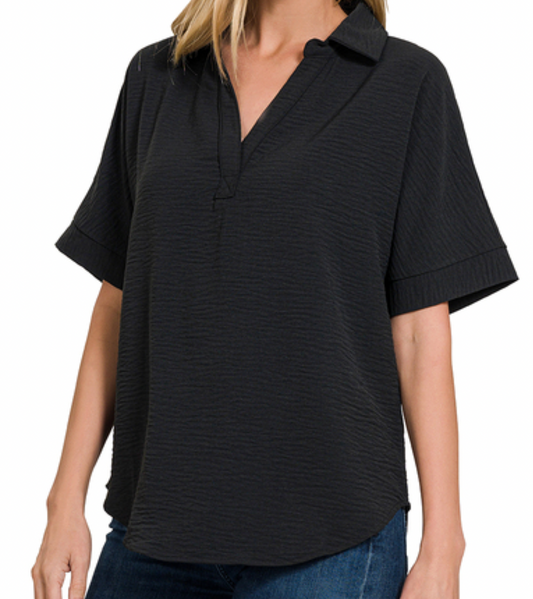 Woven Collared V-Neck Top Black