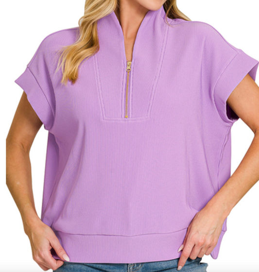 Ribbed High Neck Half Zip Top
