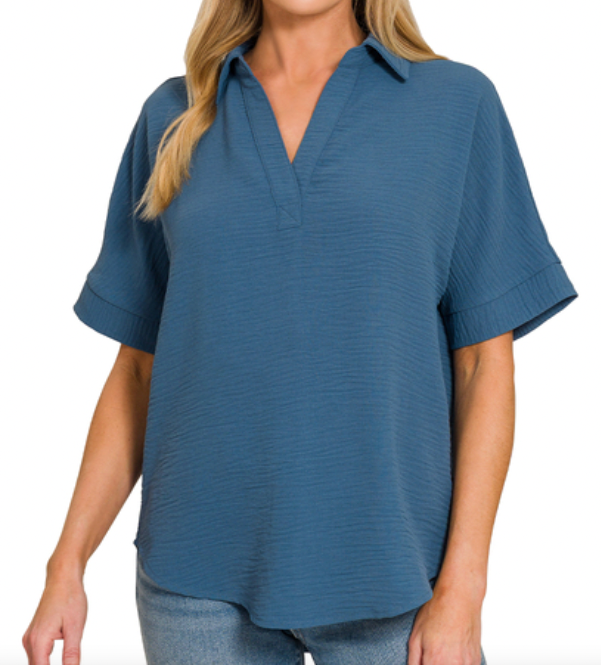 Woven Collared V-Neck Top