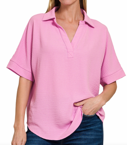 Woven Collared V-Neck Top