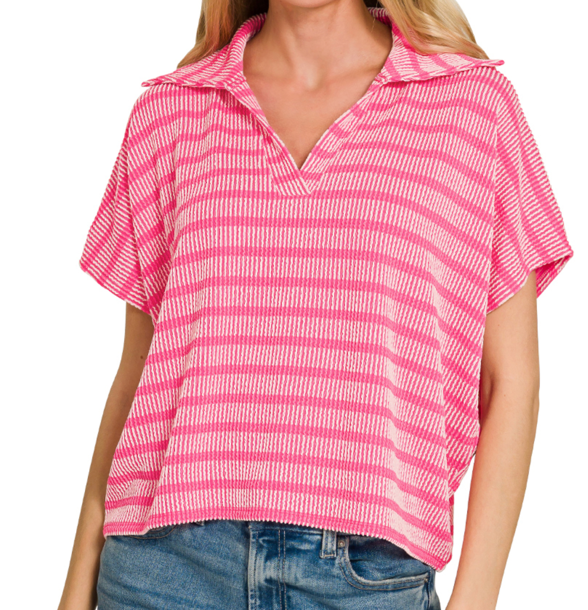 Raised Rib Striped Collared Top