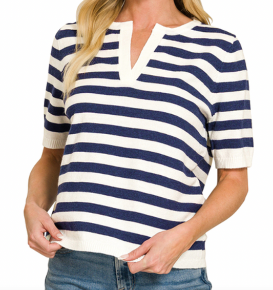 Split Neck Stripe Short Sleeve Sweater Top