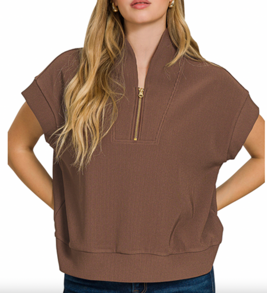 Ribbed High Neck Half Zip Top