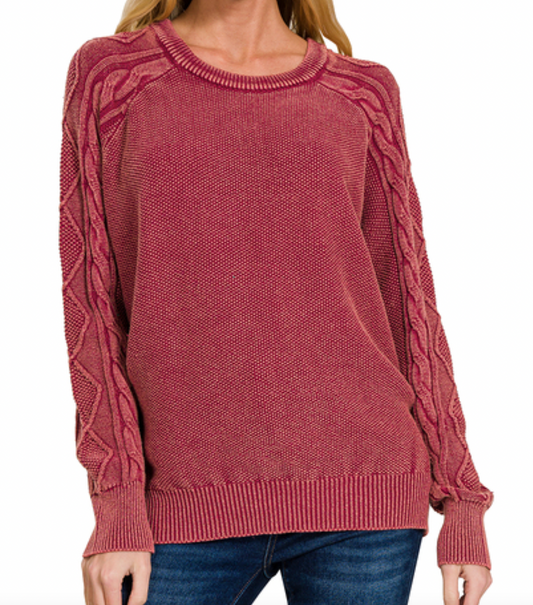 Stone Washed Cable-Sleeve Sweater
