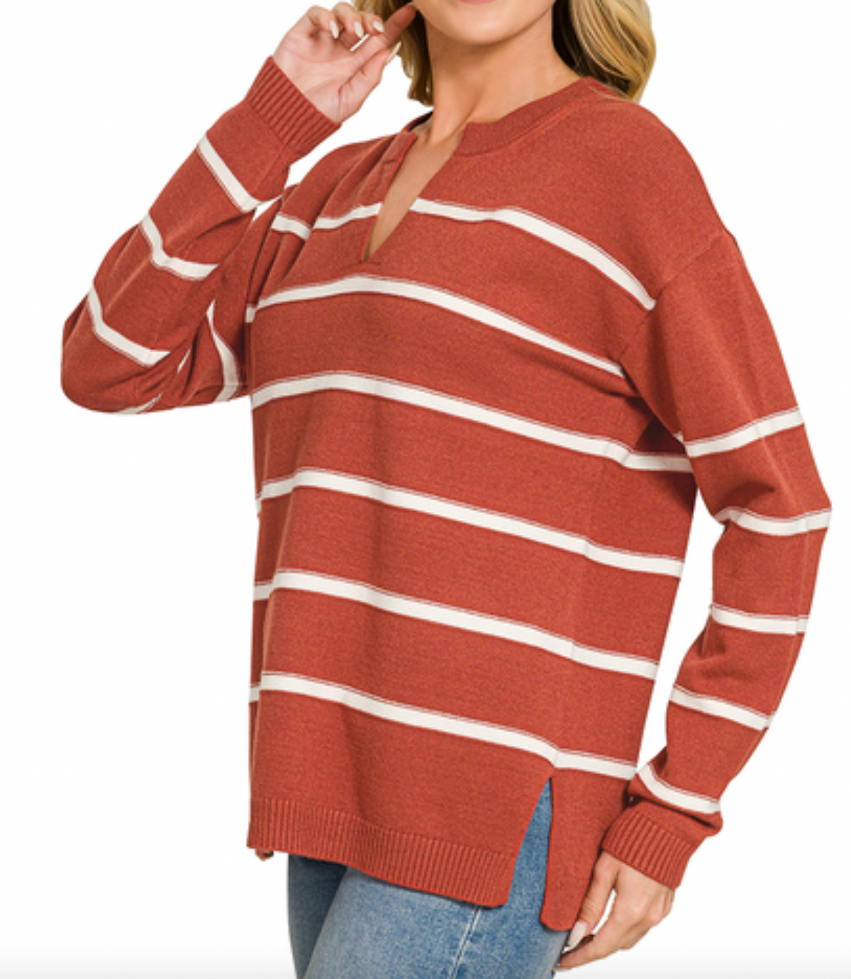 Split Neck Striped Sweater