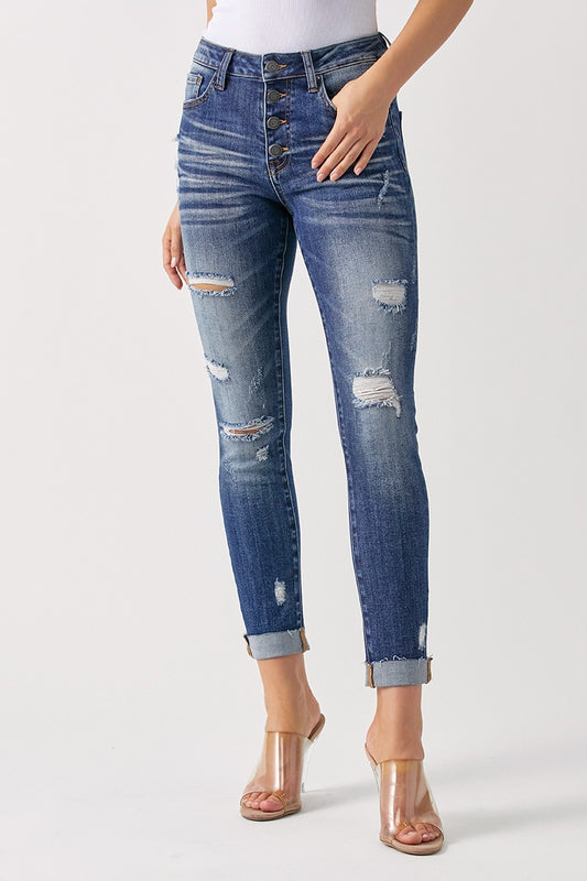 Mid Rise Button Fly Skinny Jeans