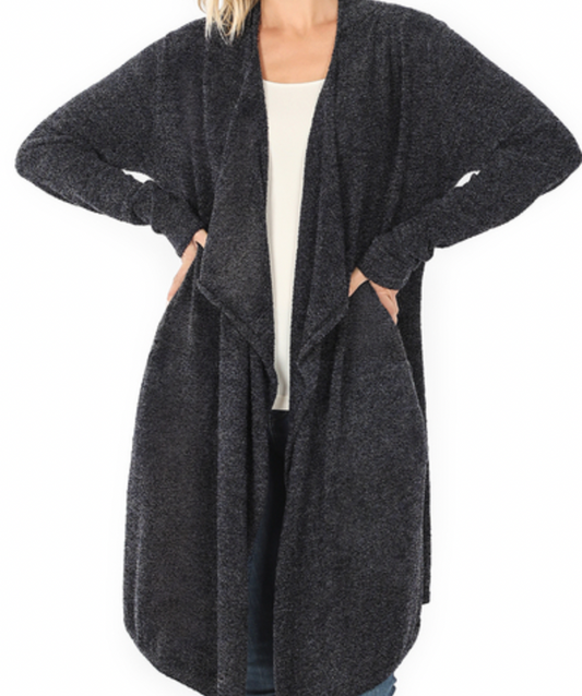 Draped Open Front Cardi with Pockets-Charcoal